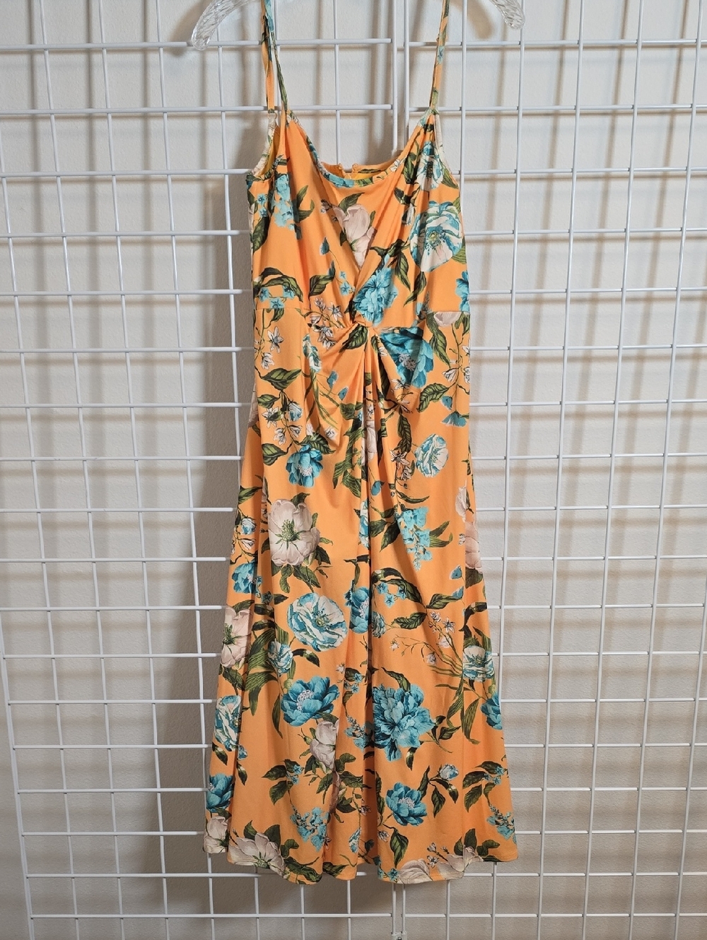 RACHEL Rachel Roy Yellow Floral Midi Dress with Teal and Cream Flowers Size Lg